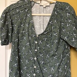 LOFT Olive Floral Button-Up Blouse